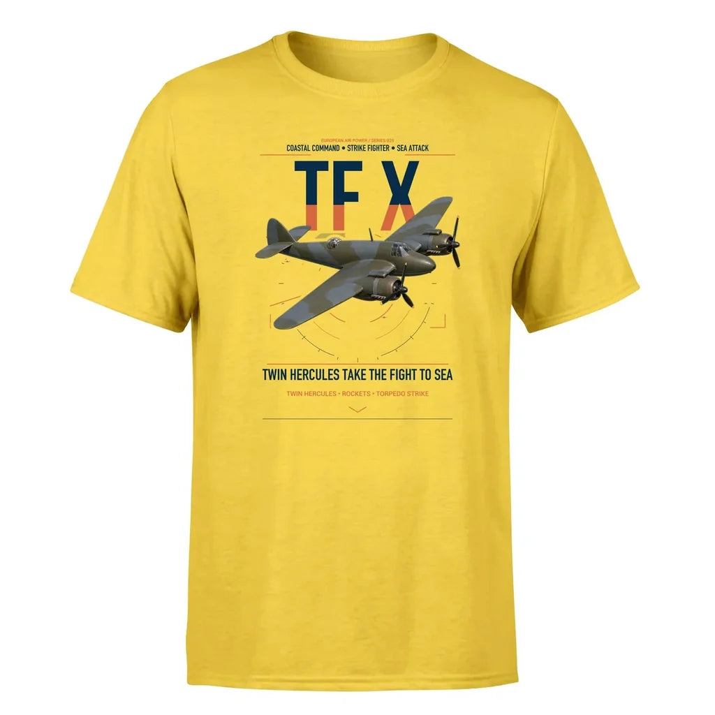 Bristol Beaufighter TF X design on yellow t-shirt, single-side print