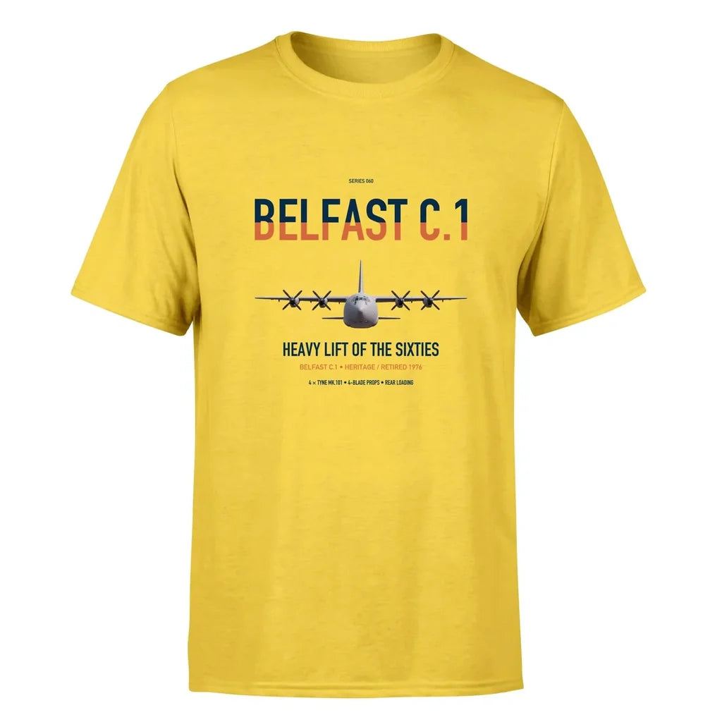 Short Belfast C.1 design on yellow double-side t-shirt, single-side print