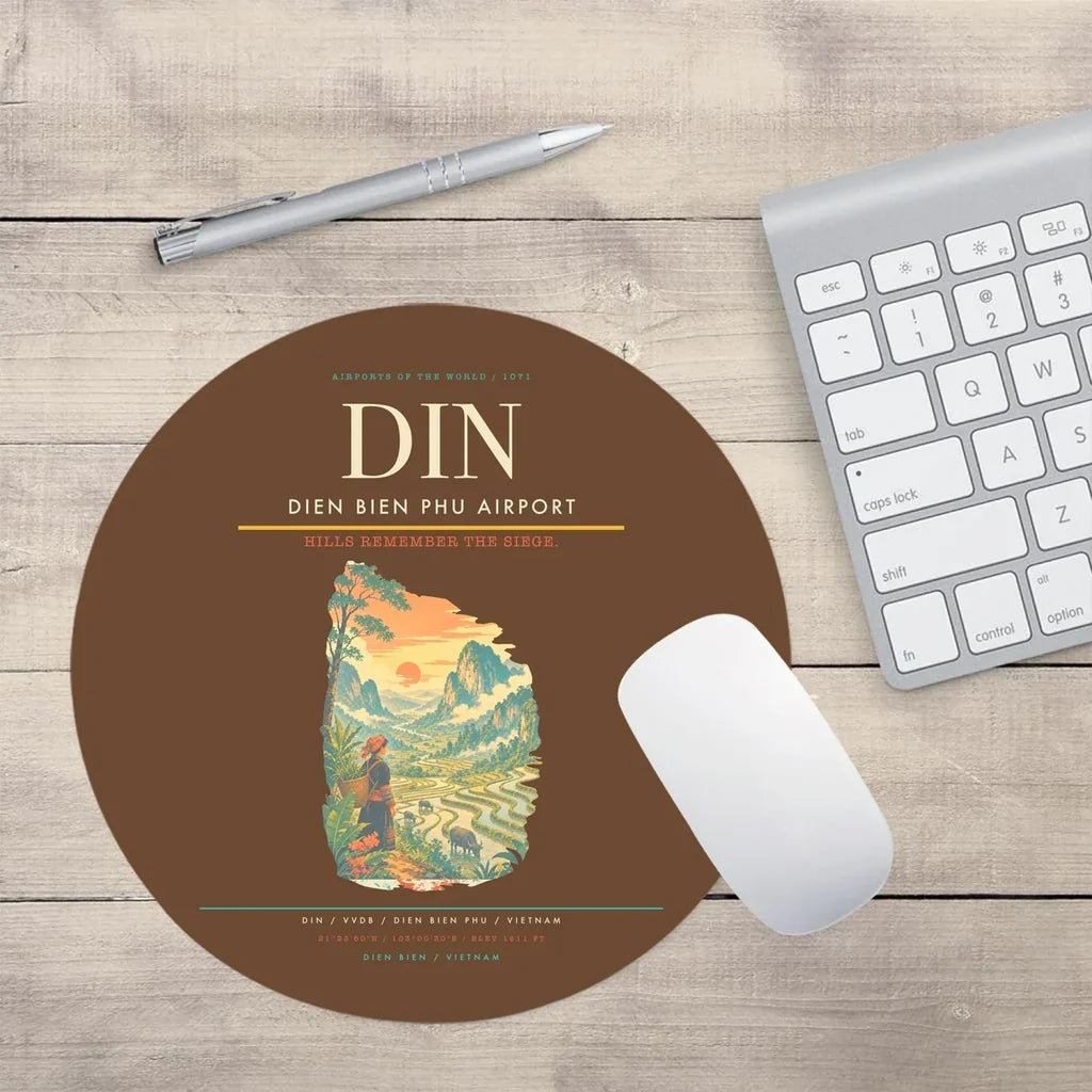 Dien Bien Phu Airport (DIN) design on brown round mouse pad
