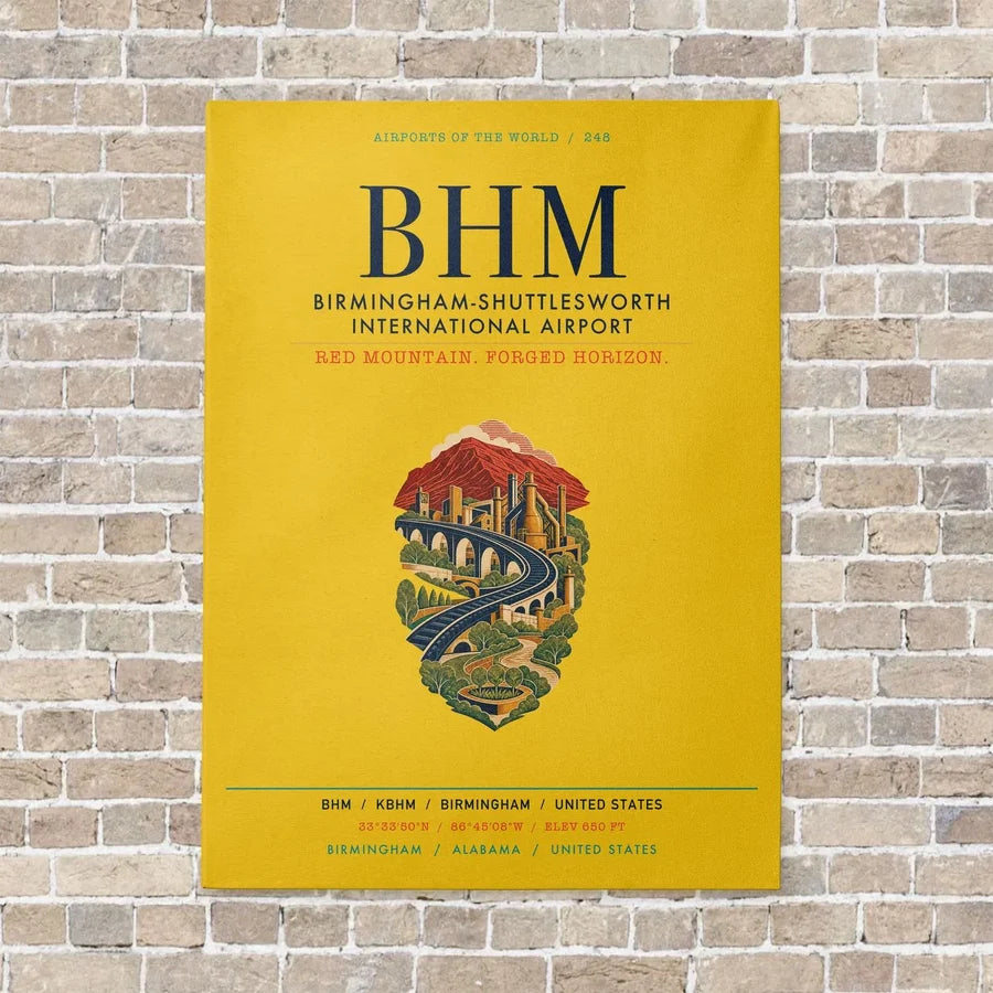 Birmingham-Shuttlesworth International Airport BHM vertical canvas print - no frame - yellow background