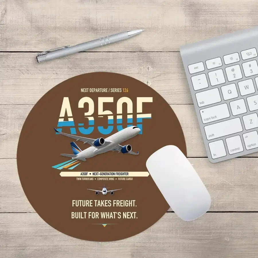 Airbus A350F design on brown round mouse pad