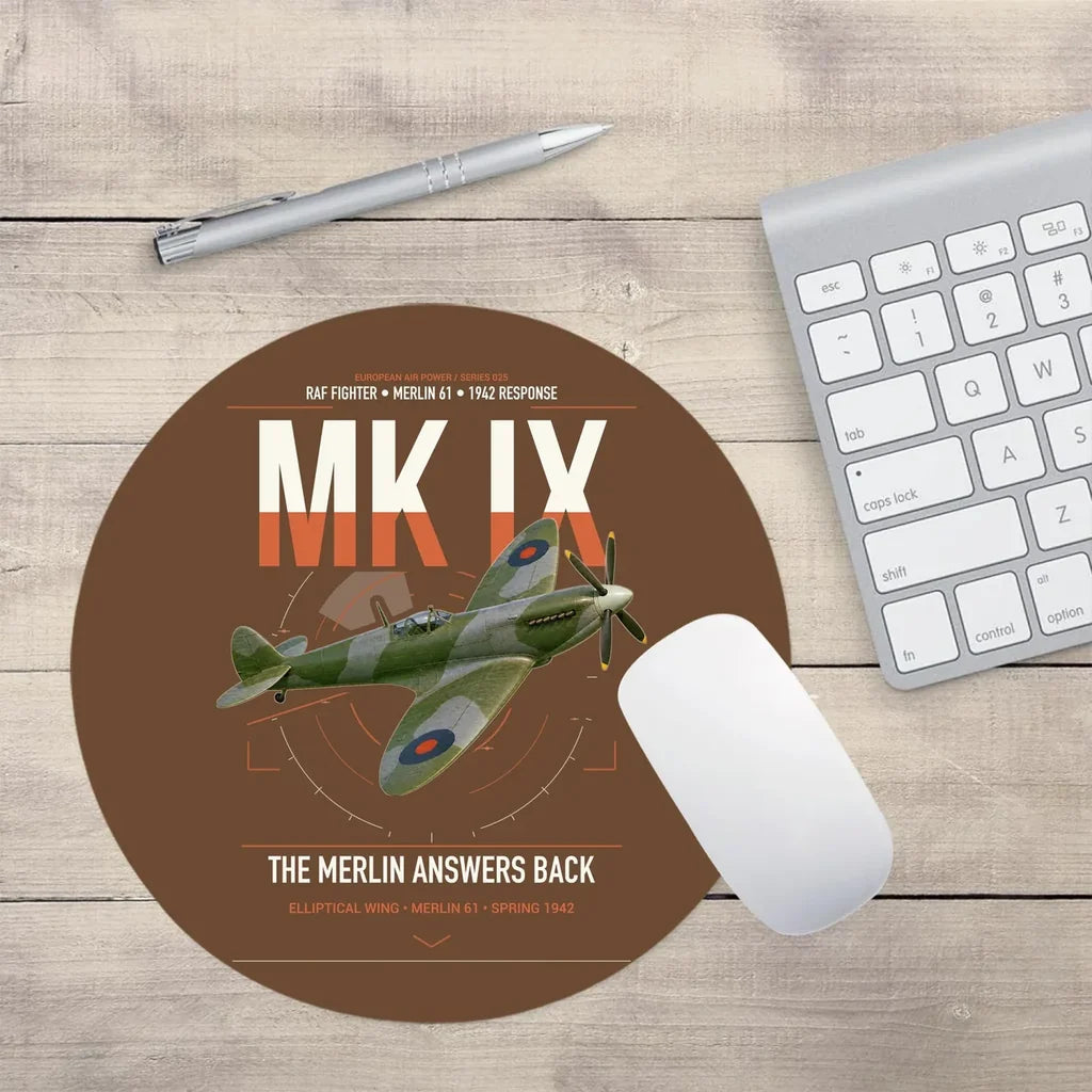 Supermarine Spitfire Mk IX design on brown round mouse pad