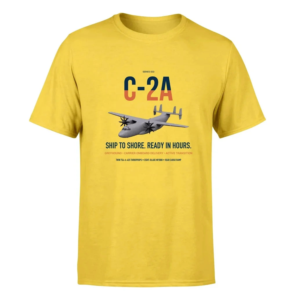 C-2A Greyhound design on yellow double-side t-shirt, single-side print