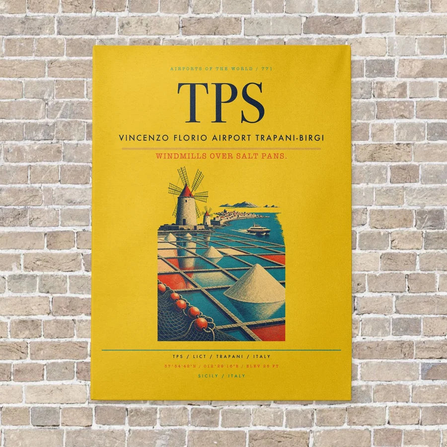 Vincenzo Florio Airport Trapani-Birgi TPS vertical canvas print - no frame - yellow background