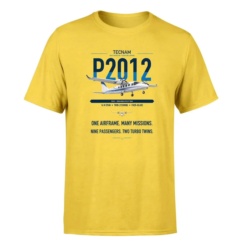 Tecnam P2012 Traveller design on yellow t-shirt, single-side print