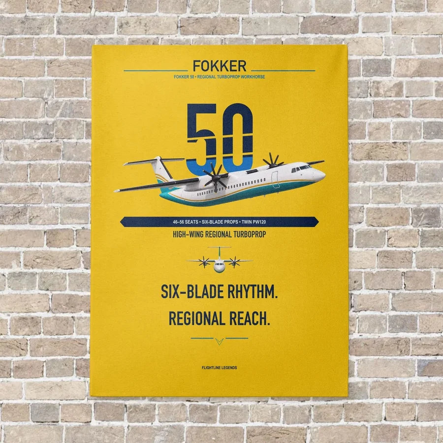 Fokker 50 vertical canvas print - no frame - yellow background