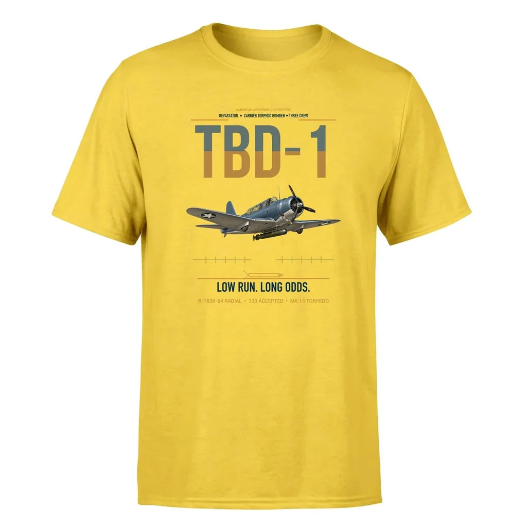 TBD-1 Devastator design on yellow double-side t-shirt, single-side print