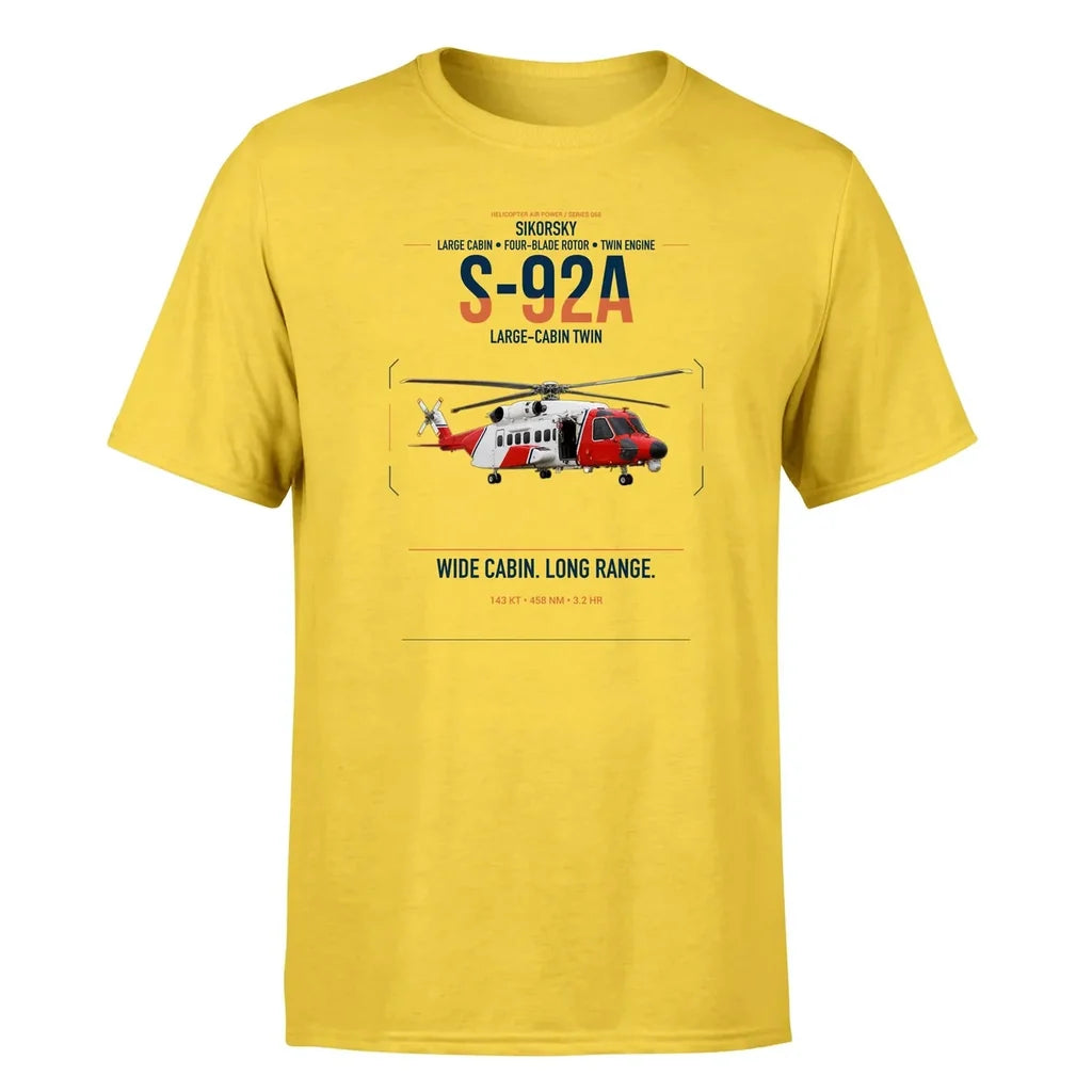 Sikorsky S-92A design on yellow t-shirt, single-side print