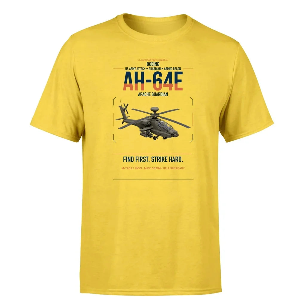 Boeing AH-64E Apache Guardian design on yellow t-shirt, single-side print