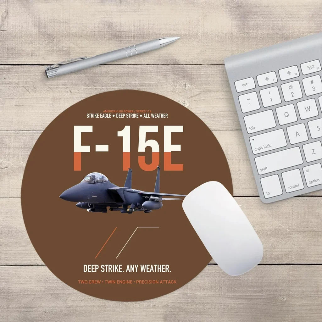 F-15E Strike Eagle Deep Strike Any Weather design on brown round mouse pad