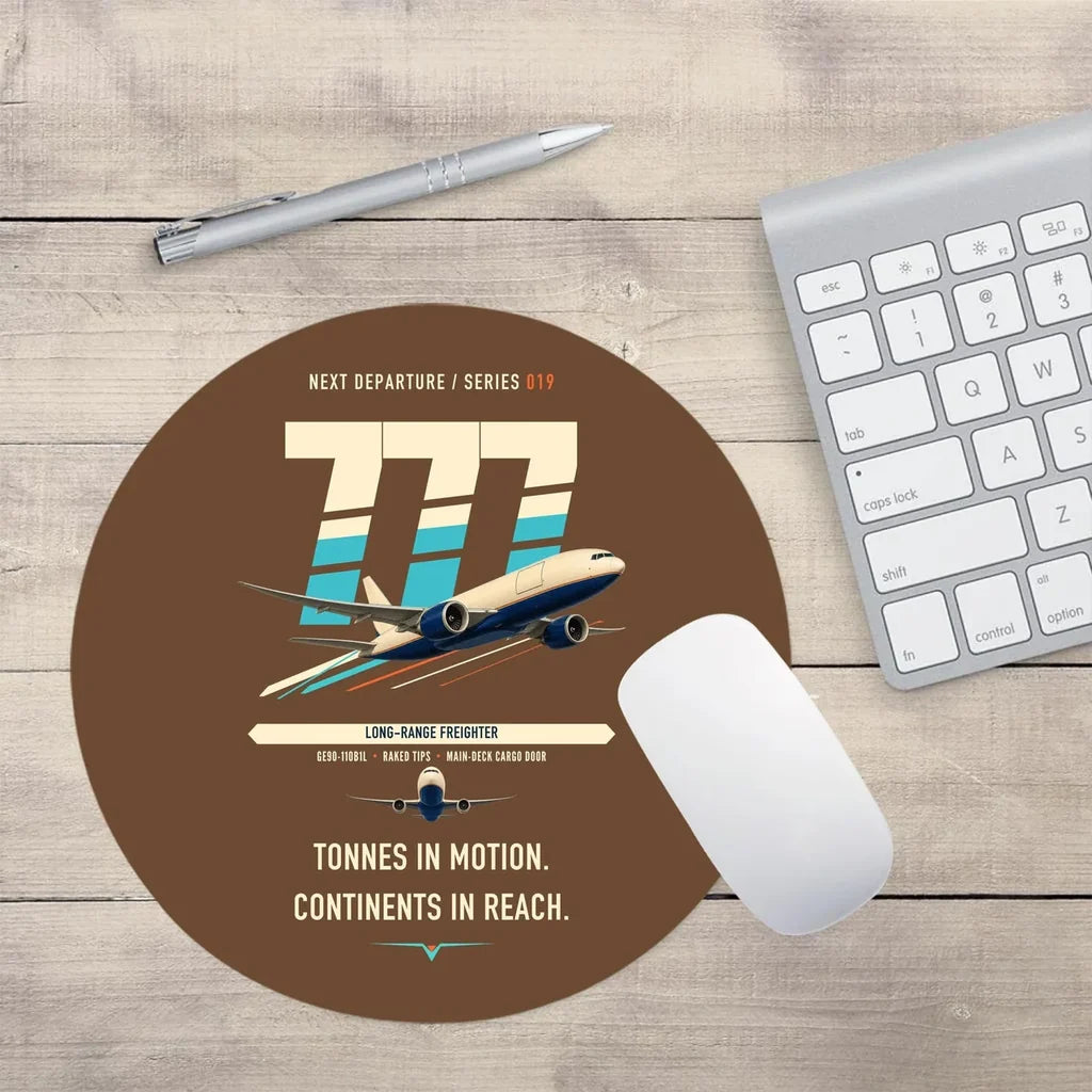 Boeing 777F design on brown round mouse pad