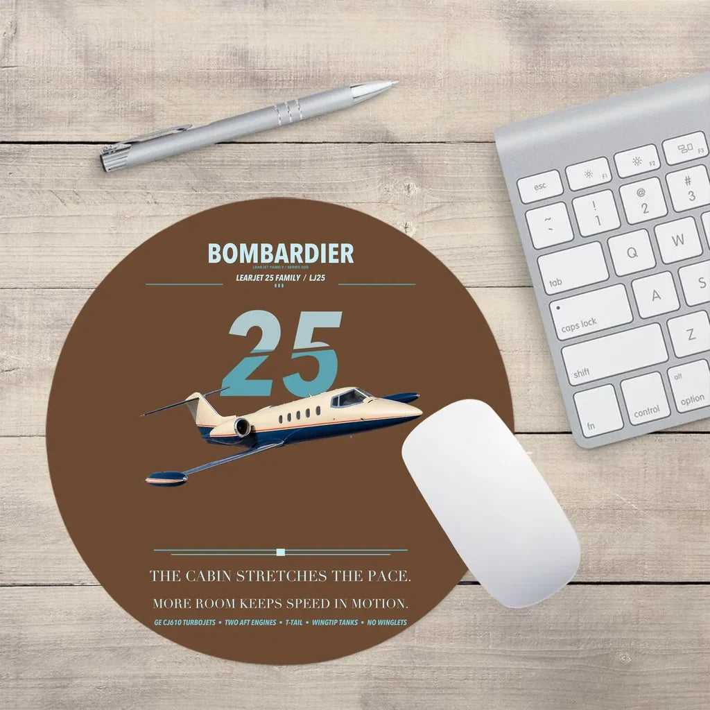 Bombardier Learjet 25 design on brown round mouse pad