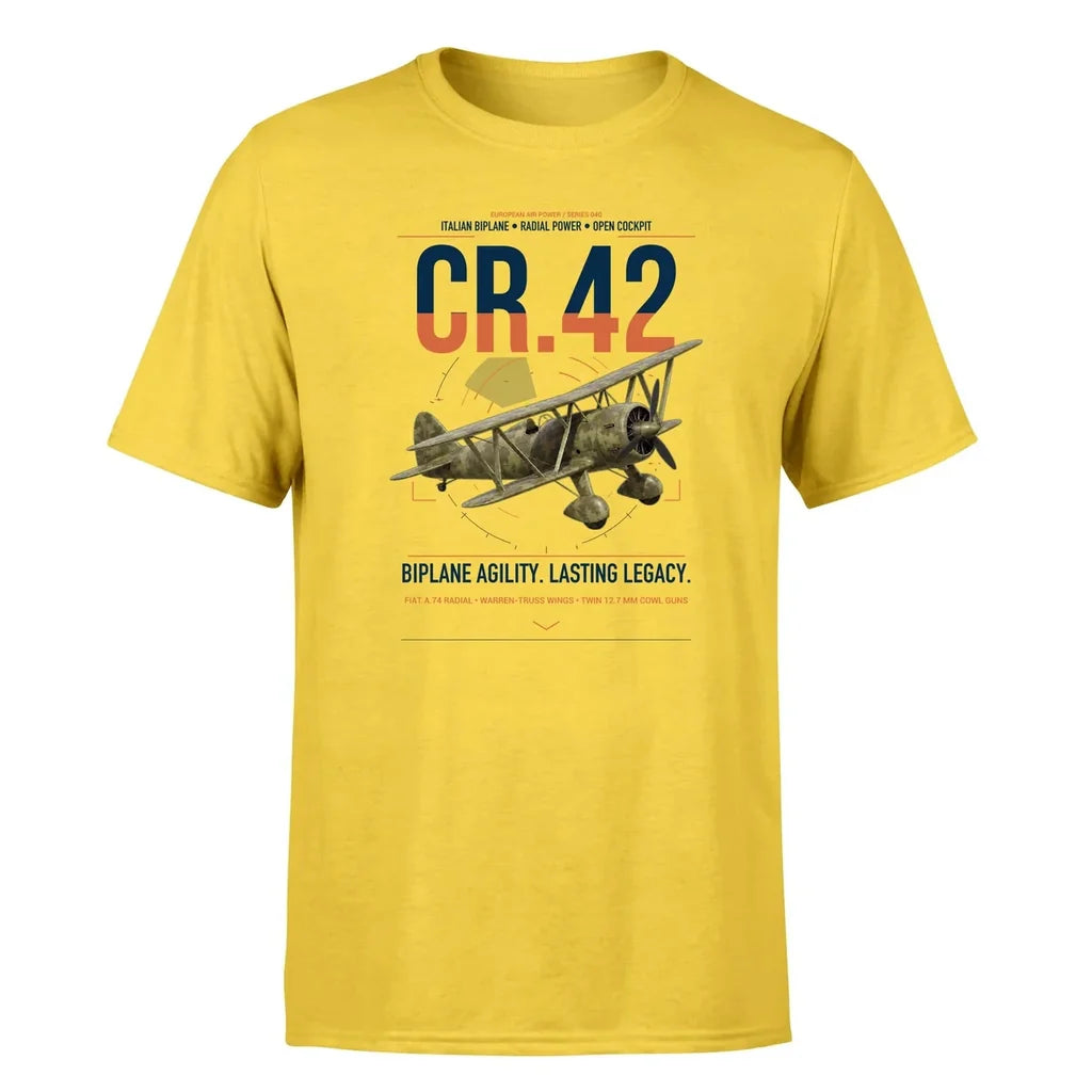 Fiat CR.42 Falco design on yellow t-shirt, single-side print