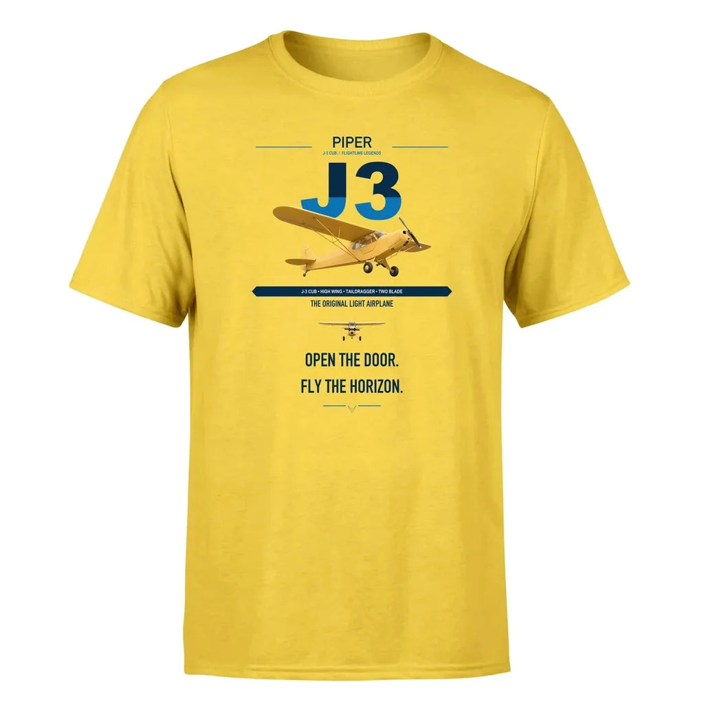 Piper J-3 Cub design on yellow t-shirt, single-side print