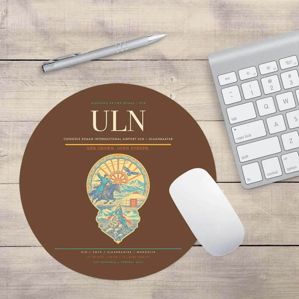 Chinggis Khaan International Airport (ULN) design on brown round mouse pad
