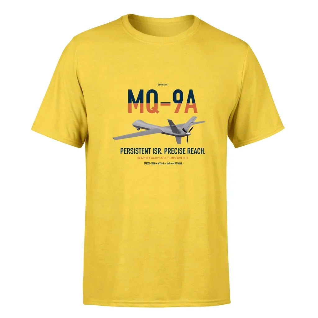 MQ-9A Reaper design on yellow double-side t-shirt, single-side print