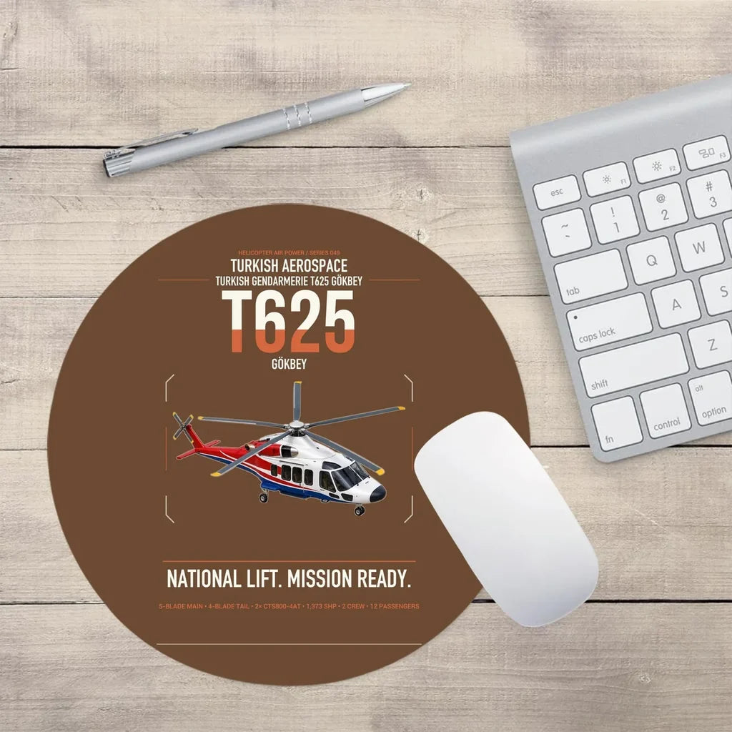 Turkish Aerospace T625 Gökbey design on brown round mouse pad
