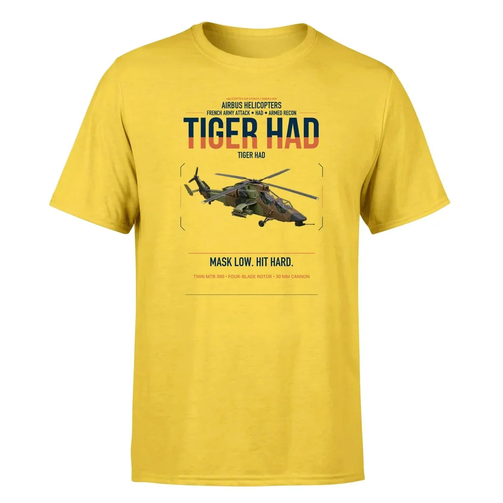Airbus Helicopters Tiger HAD design on yellow t-shirt, single-side print