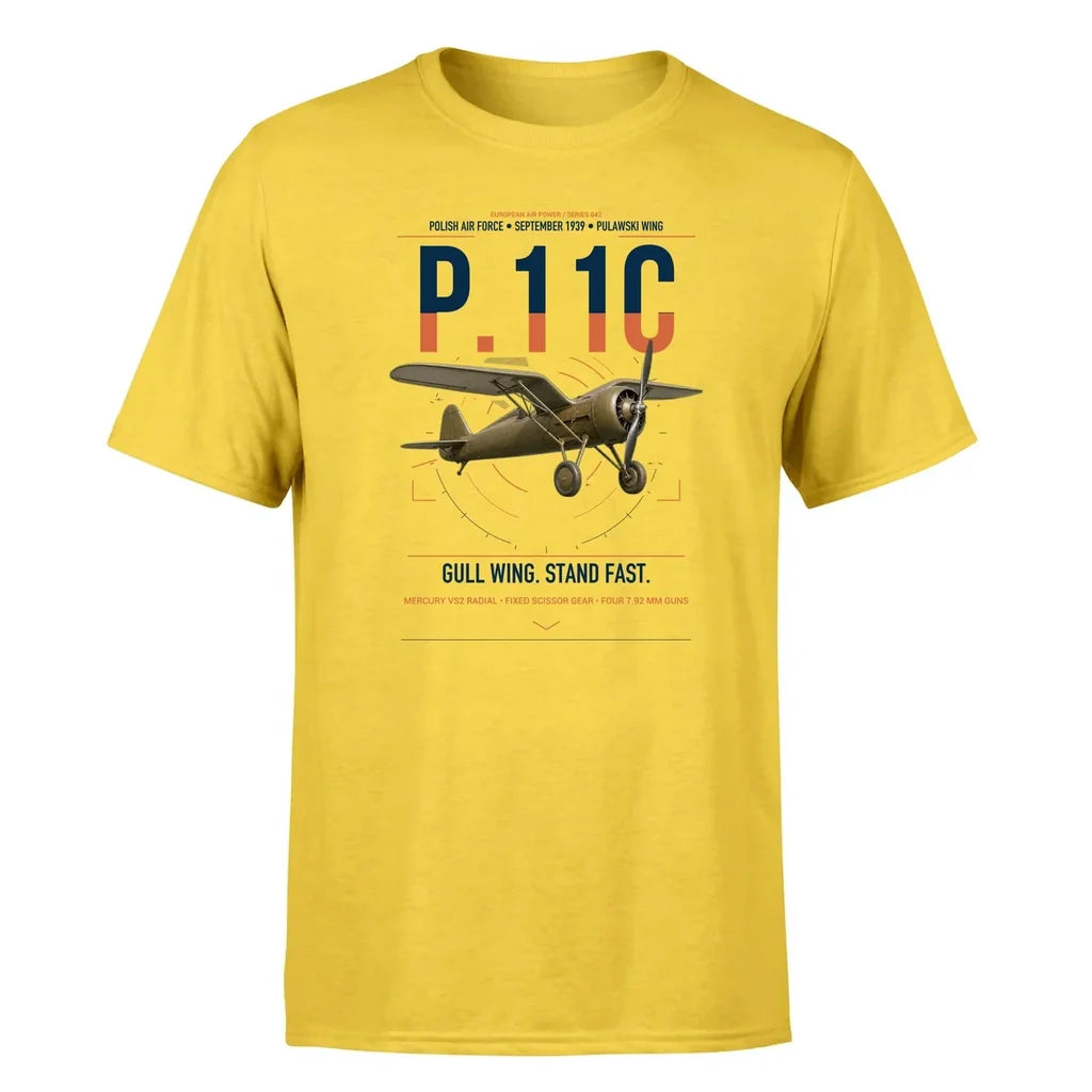 PZL P.11c design on yellow t-shirt, single-side print