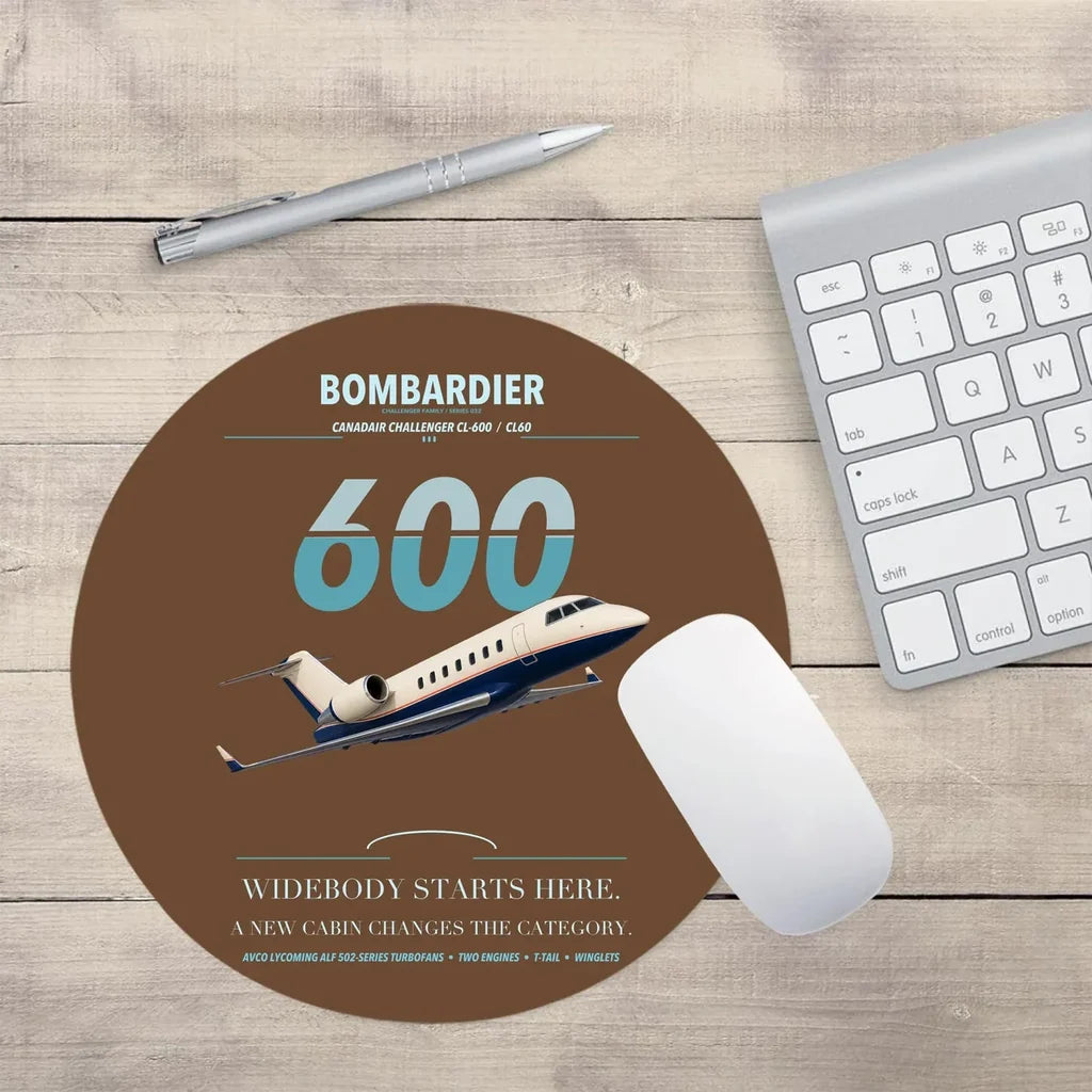 Bombardier Challenger 600 design on brown round mouse pad