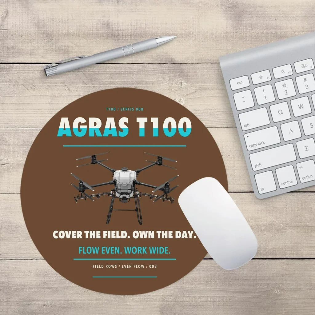 DJI Agras T100 design on brown round mouse pad