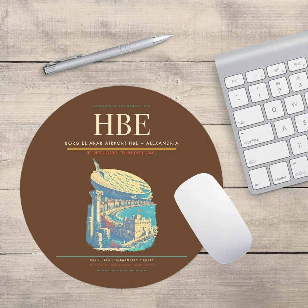 Borg El Arab Airport (HBE) design on brown round mouse pad