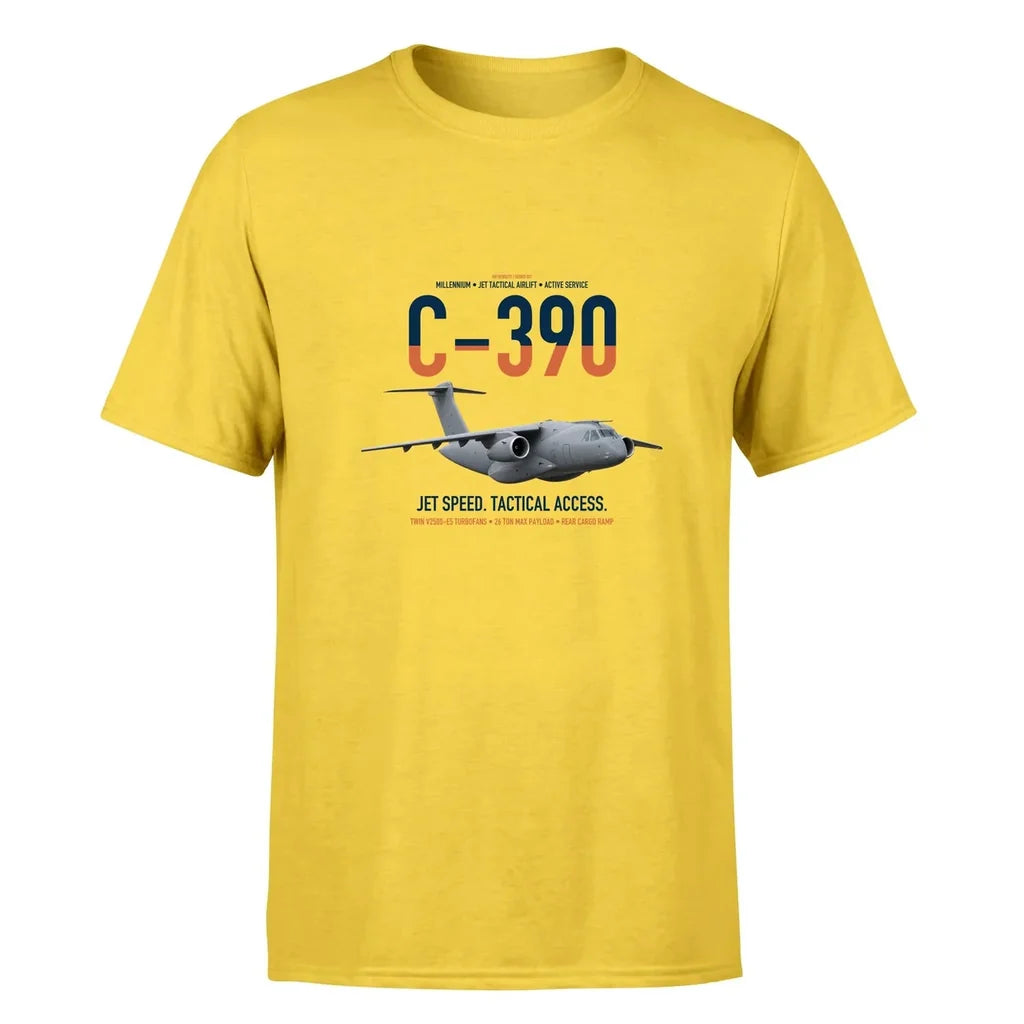 C-390 Millennium design on yellow double-side t-shirt, single-side print