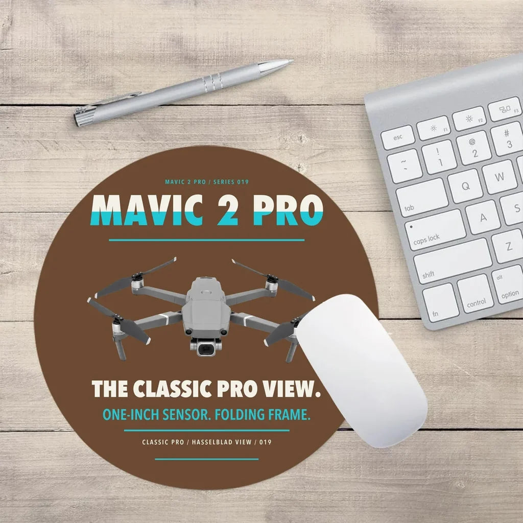 DJI Mavic 2 Pro design on brown round mouse pad
