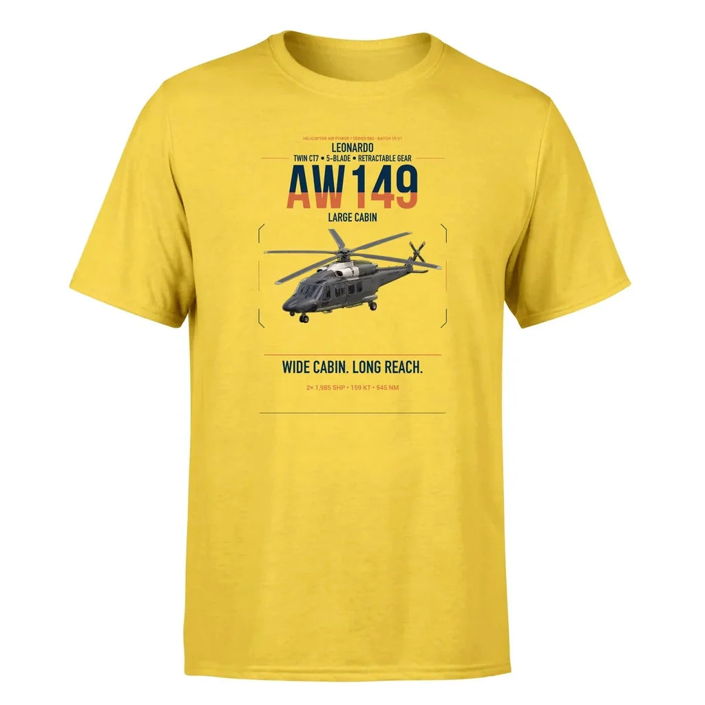 Leonardo AW149 design on yellow t-shirt, single-side print