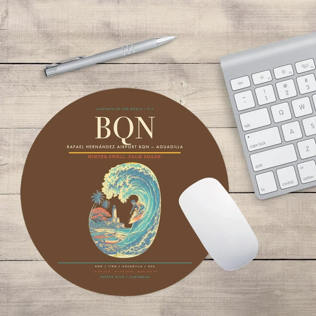Rafael Hernández Airport (BQN) design on brown round mouse pad
