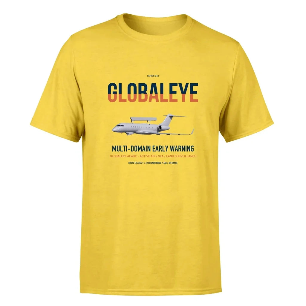 Saab GlobalEye design on yellow double-side t-shirt, single-side print