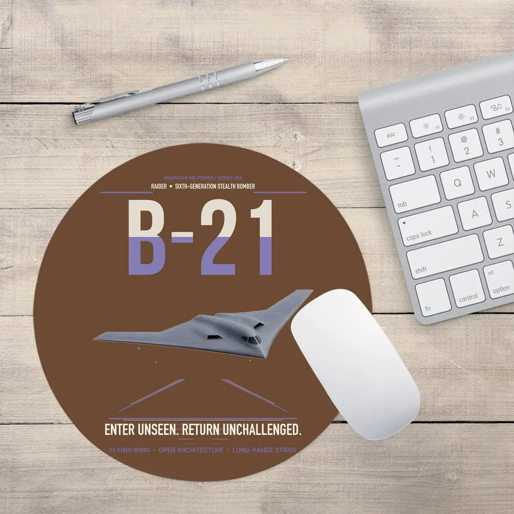 B-21 Raider design on brown round mouse pad