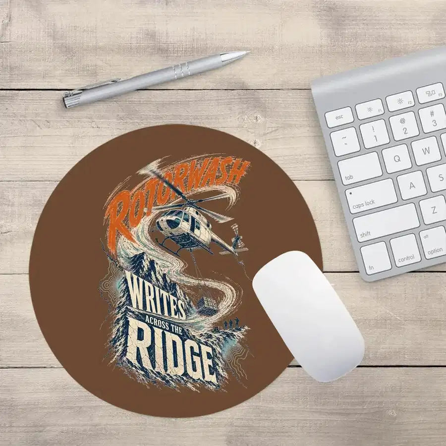Rotorwash Writes Across The Ridge design on brown round mouse pad