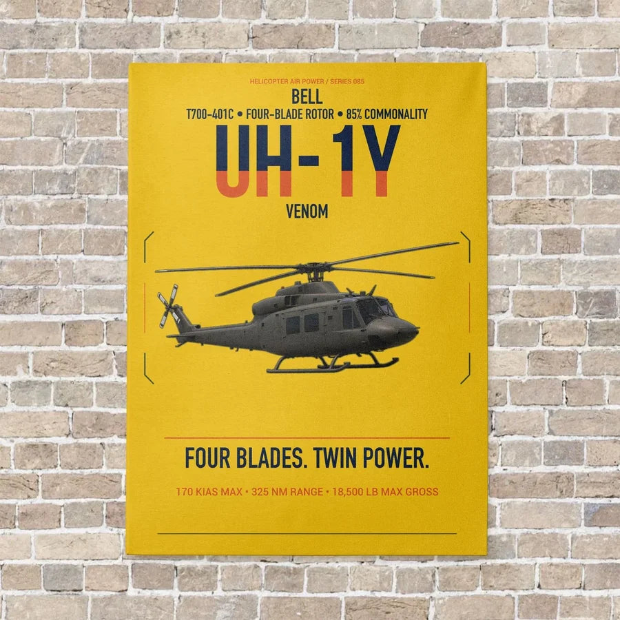 Bell UH-1Y Venom vertical canvas print - no frame - yellow background