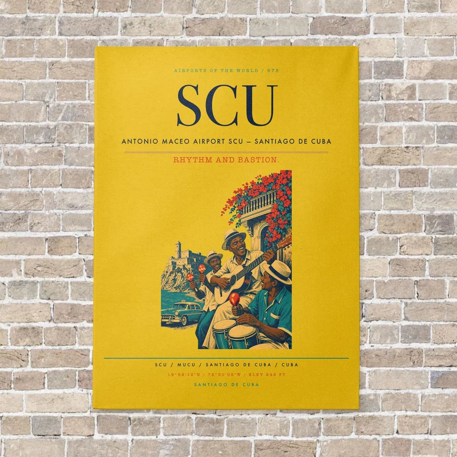 Antonio Maceo Airport SCU — Santiago de Cuba vertical canvas print - no frame - yellow background