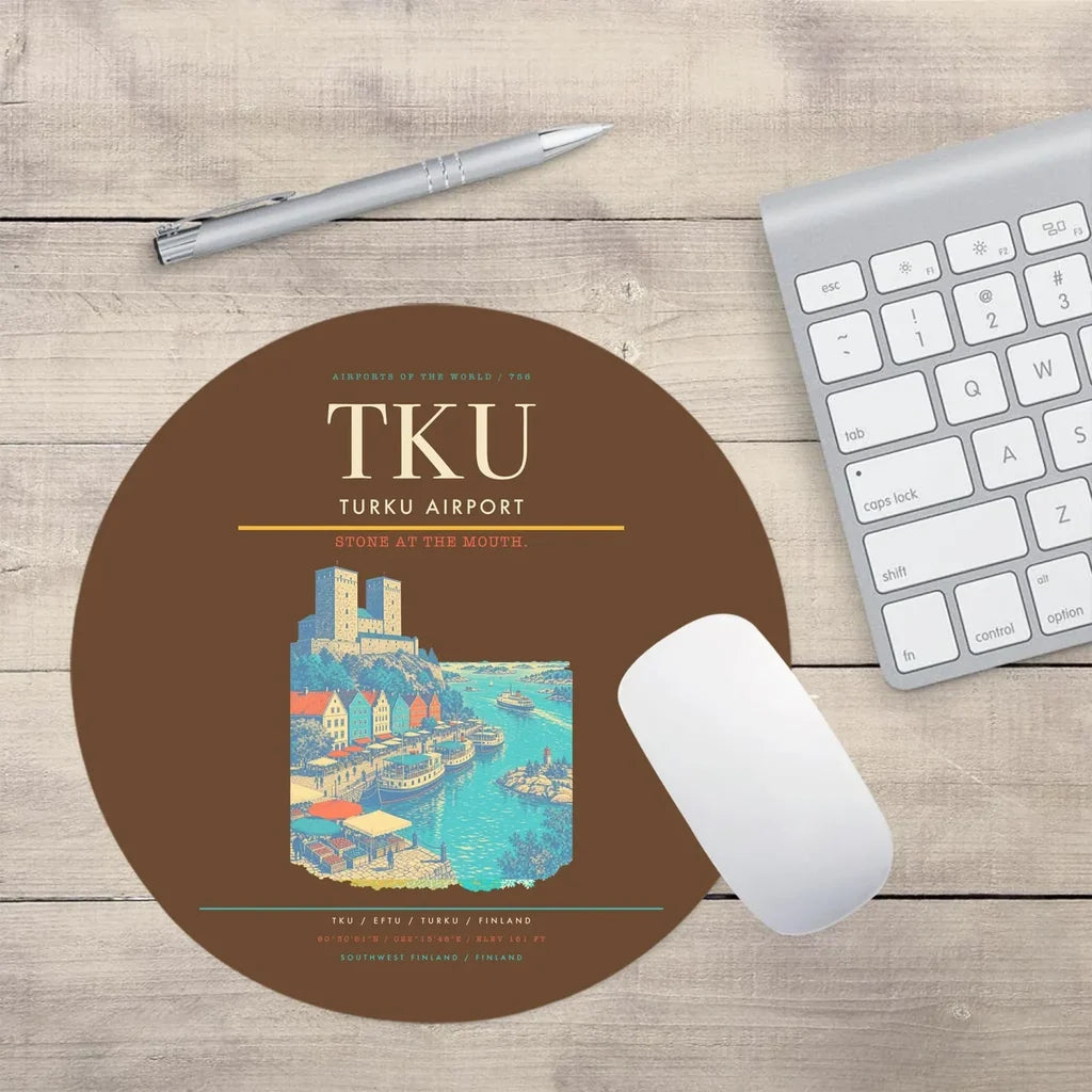 Turku Airport (TKU) design on brown round mouse pad
