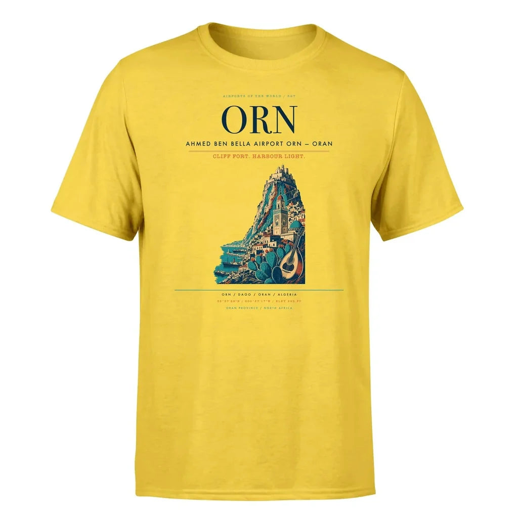 Ahmed Ben Bella Airport (ORN) T-Shirt single-side front print in Yellow | ahmed-ben-bella-airport-orn-double-side-t-shirt
