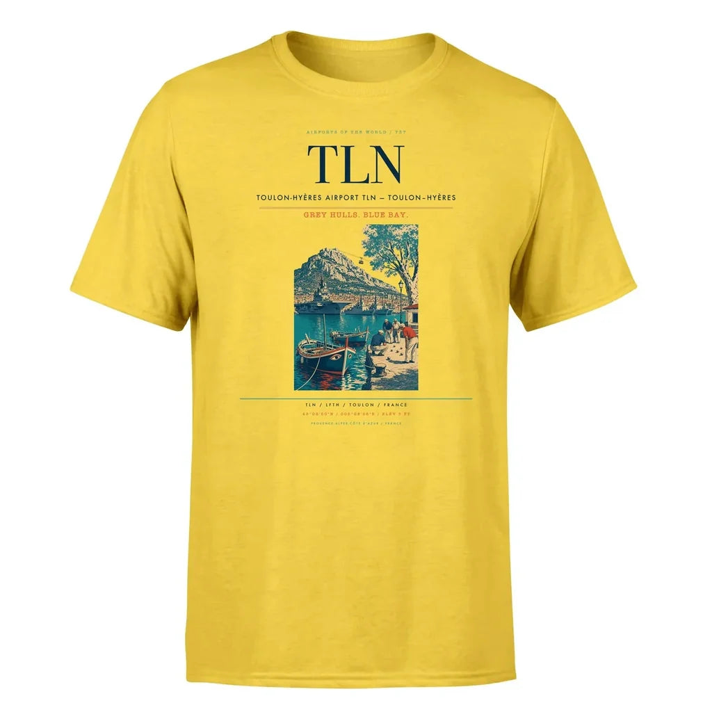 Toulon-Hyères Airport (TLN) T-Shirt single-side front print in Yellow | toulon-hyères-airport-tln-double-side-t-shirt