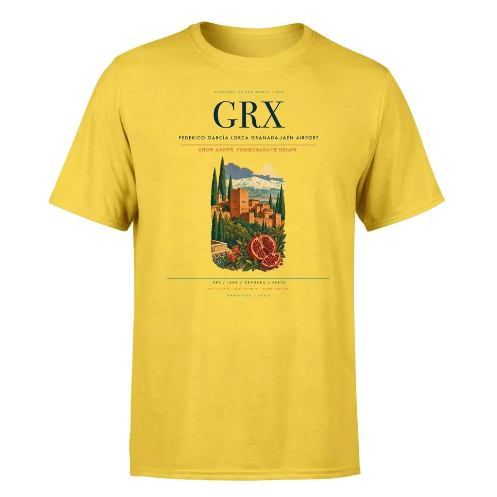 Federico García Lorca Granada-Jaén Airport (GRX) T-Shirt single-side front print in Yellow | federico-garcía-lorca-granada-jaén-airport-grx-double-side-t-shirt