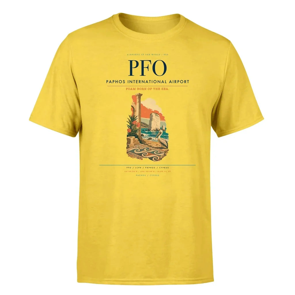 Paphos International Airport (PFO) T-Shirt single-side front print in Yellow | paphos-international-airport-pfo-double-side-t-shirt