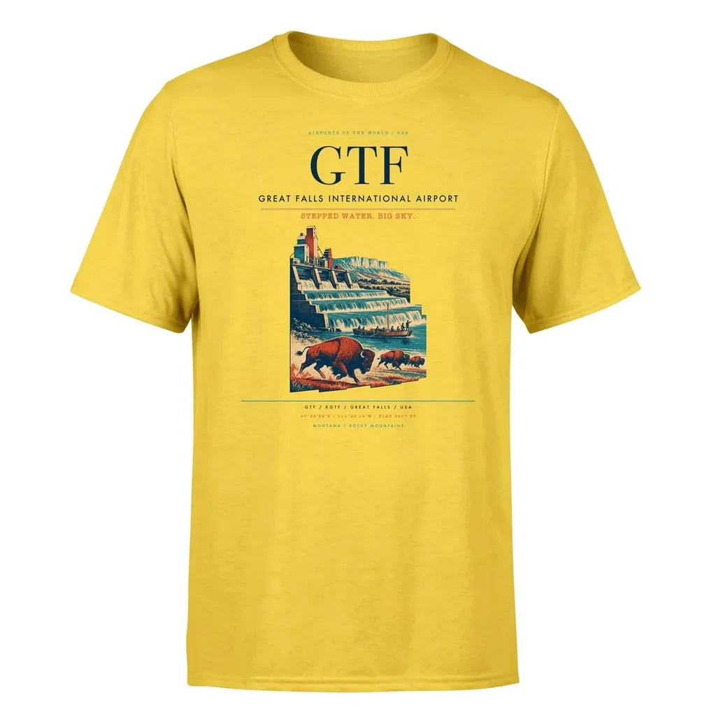 Great Falls International Airport (GTF) T-Shirt single-side front print in Yellow | great-falls-international-airport-gtf-double-side-t-shirt