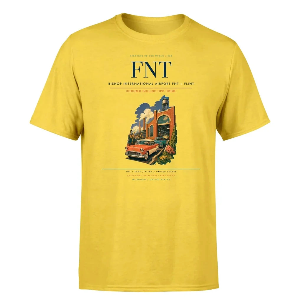 Bishop International Airport (FNT) T-Shirt single-side front print in Yellow | bishop-international-airport-fnt-double-side-t-shirt