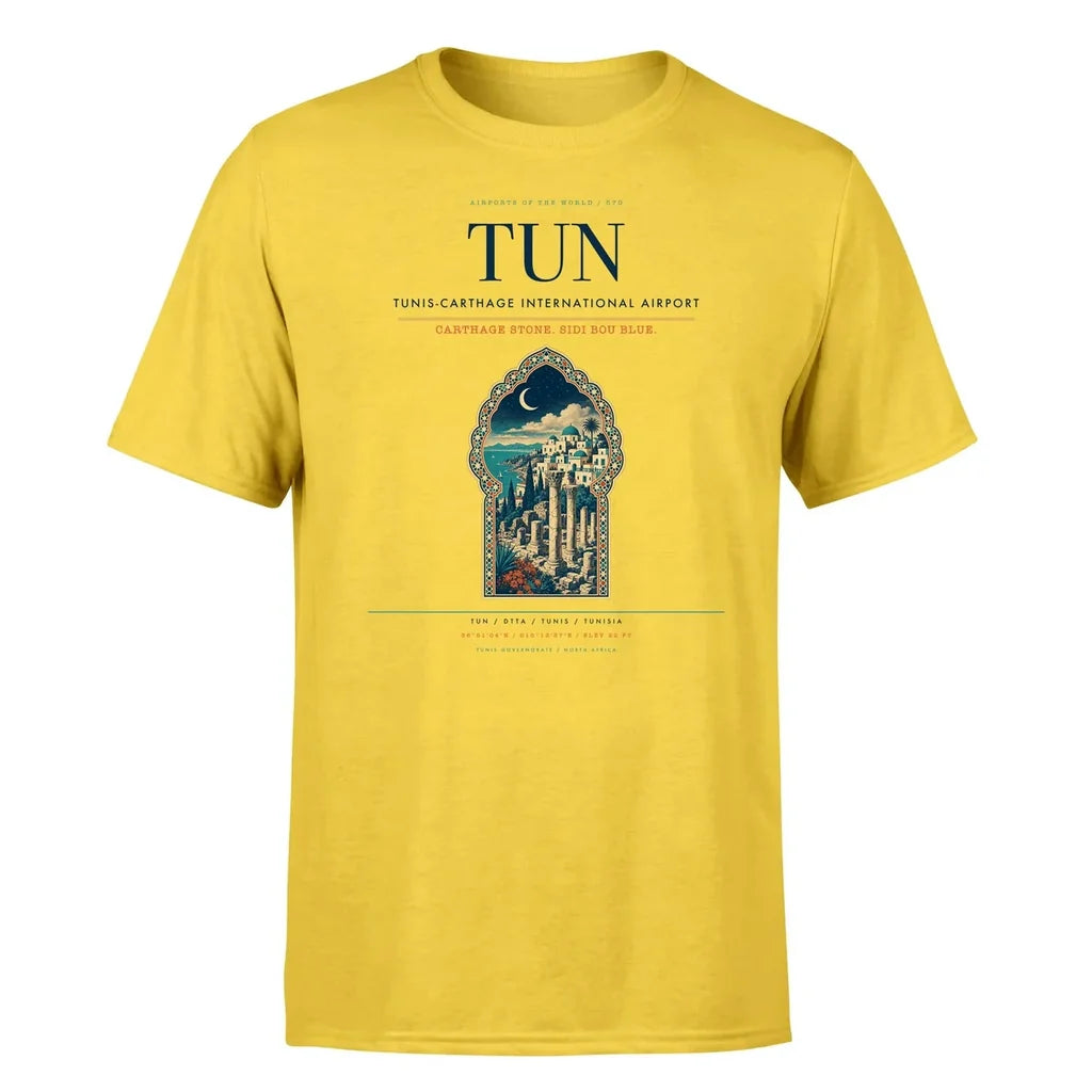 Tunis-Carthage International Airport (TUN) T-Shirt single-side front print in Yellow | tunis-carthage-international-airport-tun-double-side-t-shirt