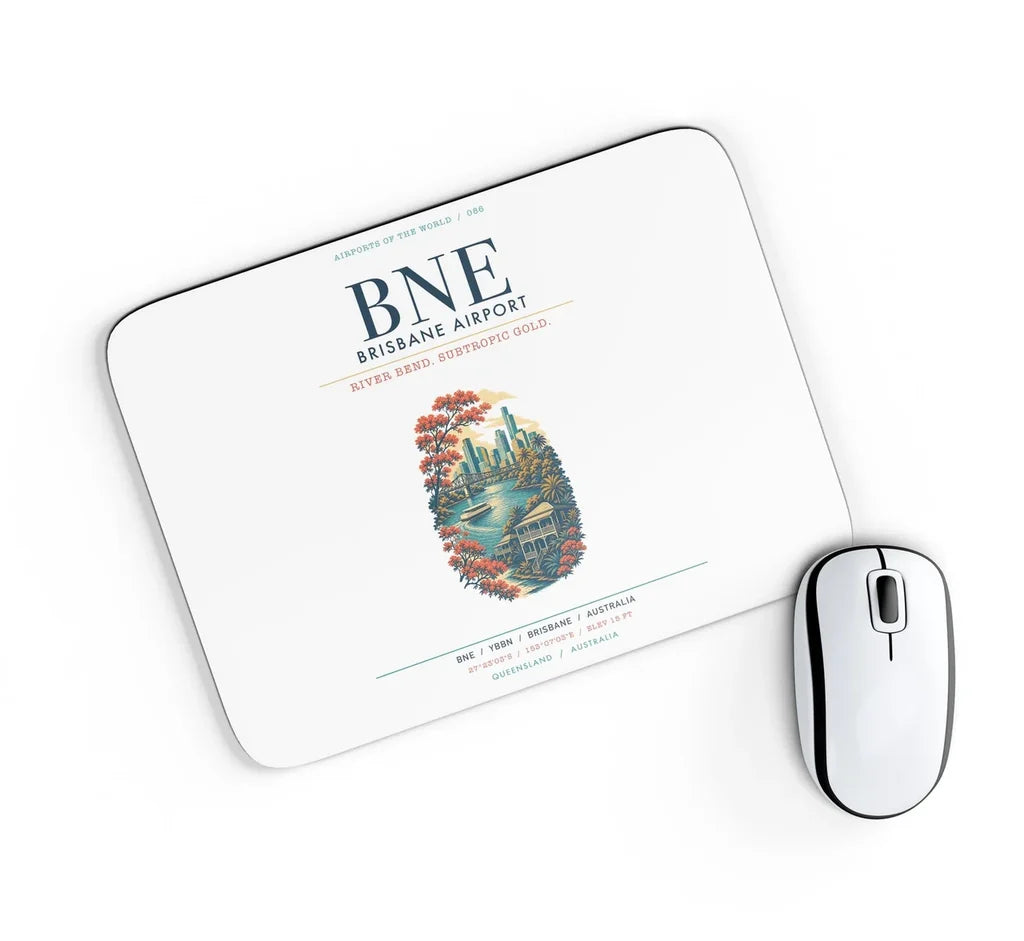 Brisbane Airport (BNE) design on white rectangle mouse pad