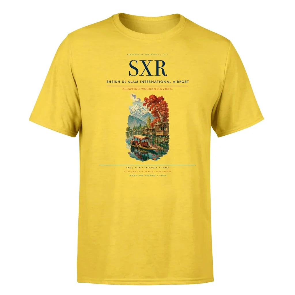 Sheikh ul-Alam International Airport (SXR) T-Shirt single-side front print in Yellow | sheikh-ul-alam-international-airport-sxr-double-side-t-shirt