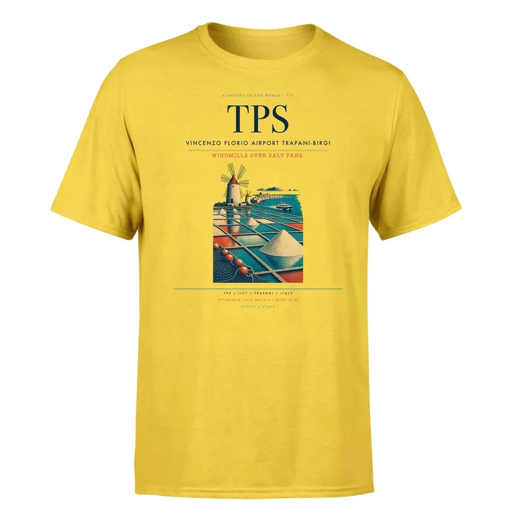Vincenzo Florio Airport Trapani-Birgi (TPS) T-Shirt single-side front print in Yellow | vincenzo-florio-airport-trapani-birgi-tps-double-side-t-shirt