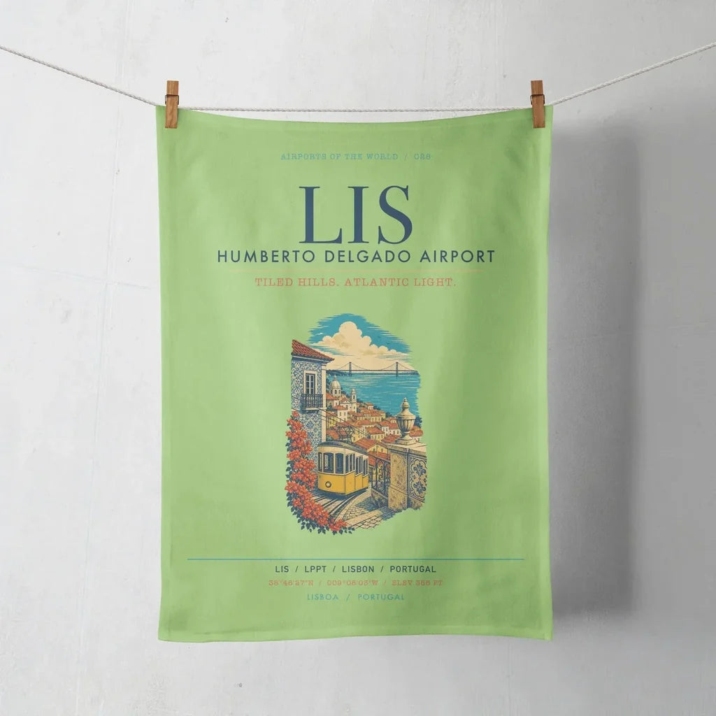 Lisbon Humberto Delgado Airport (LIS) design on light green towel