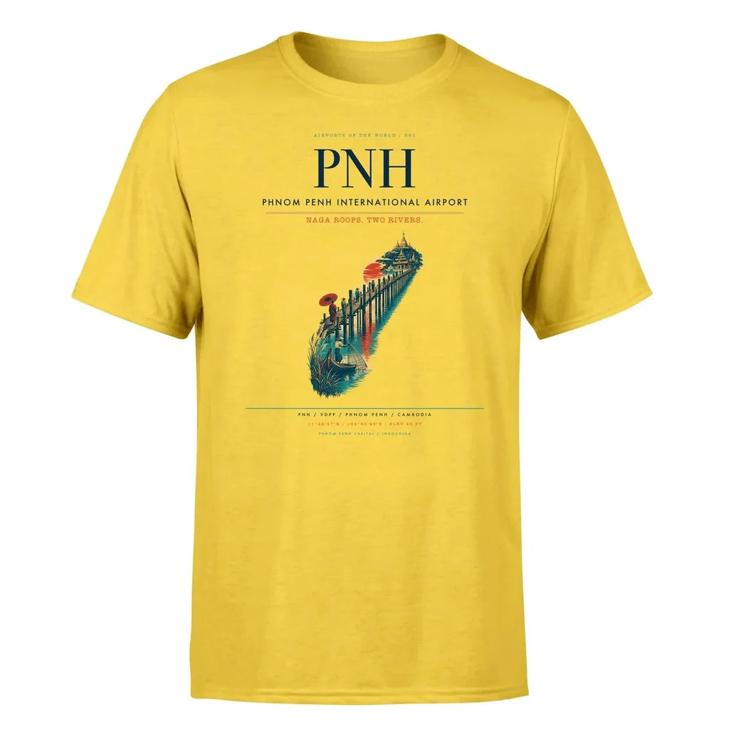 Phnom Penh International Airport (PNH) T-Shirt single-side front print in Yellow | phnom-penh-international-airport-pnh-double-side-t-shirt