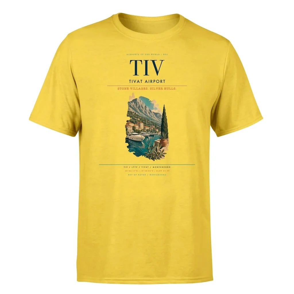 Tivat Airport (TIV) T-Shirt single-side front print in Yellow | tivat-airport-tiv-double-side-t-shirt