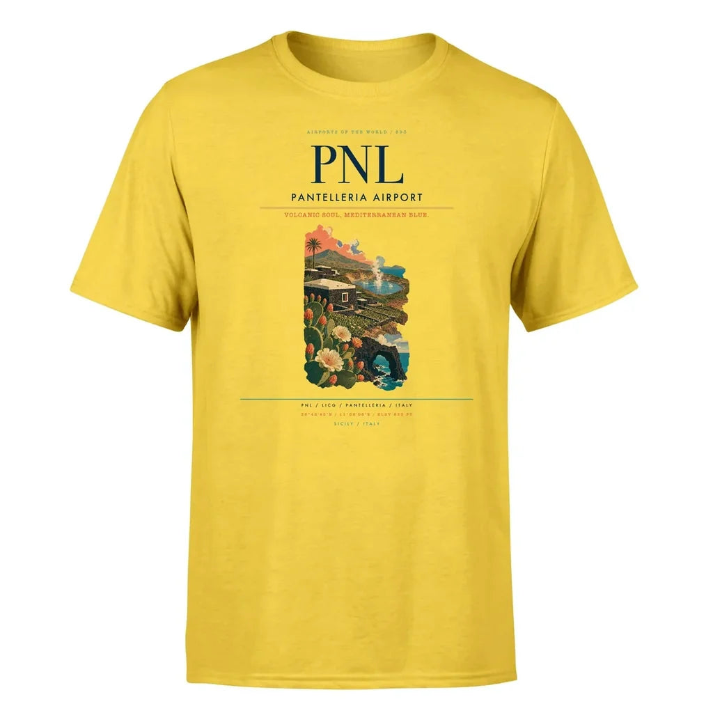 Pantelleria Airport (PNL) T-Shirt single-side front print in Yellow | pantelleria-airport-pnl-double-side-t-shirt